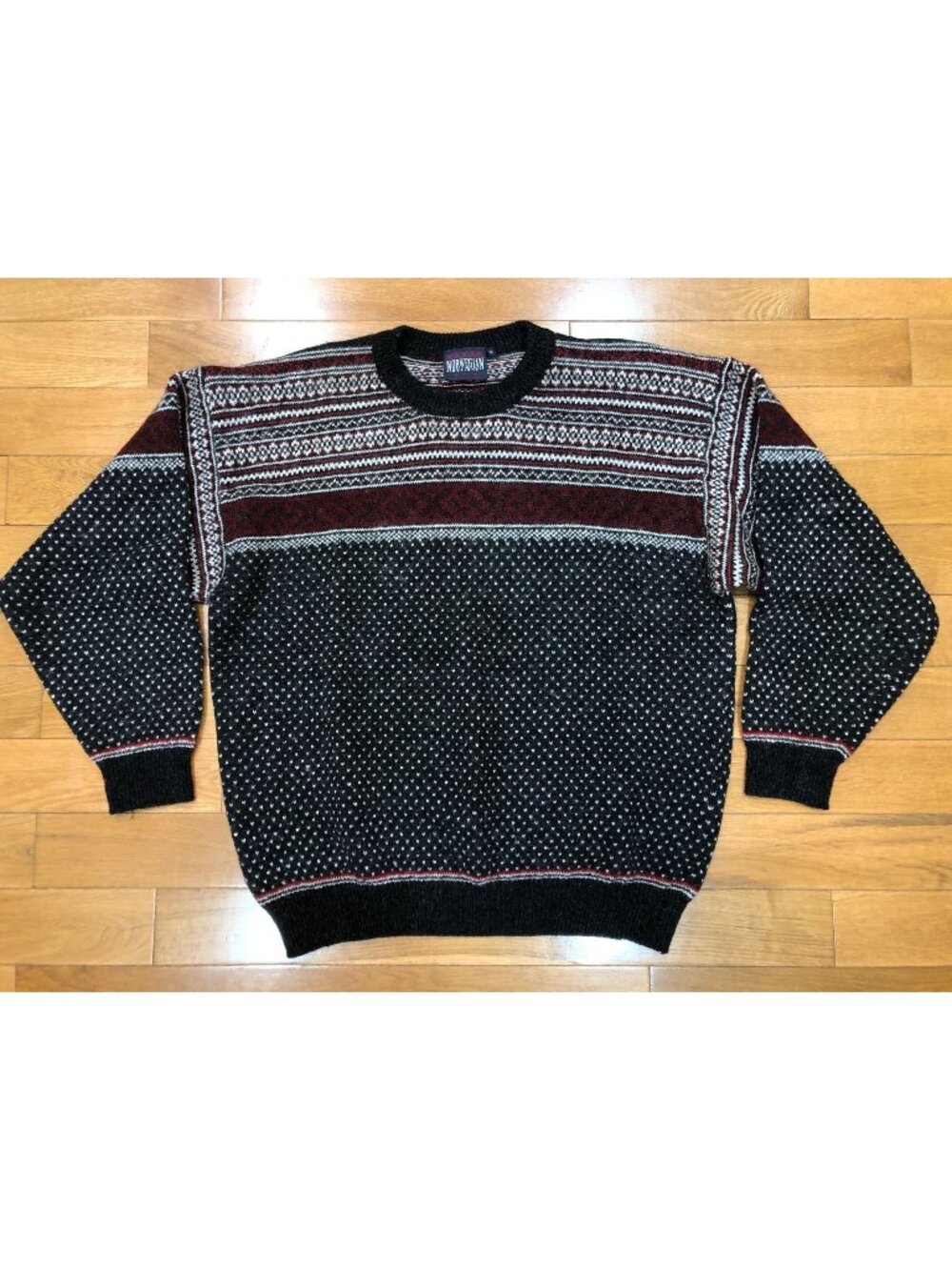 Vintage Norwegian Designs Fair Isle Wool Sweater Unisex M Black Burgundy Nordic